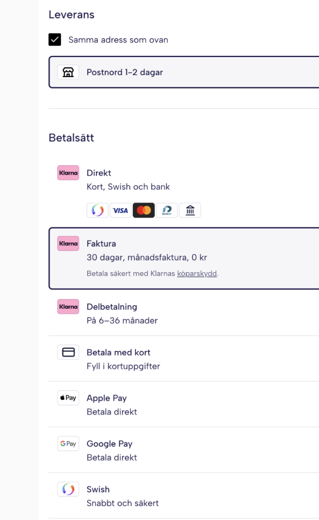 Kassans betalsätt med Klarna, kort, Apple Pay, Google Pay och Swish