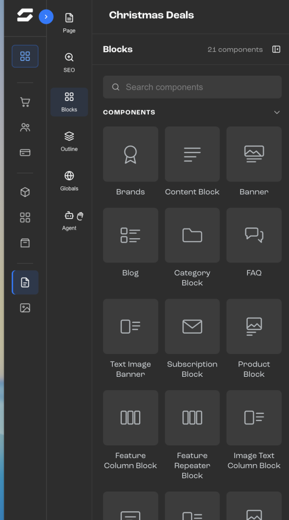 Blockbiblioteket med komponenter som banner, FAQ, produktblock och globala komponenter