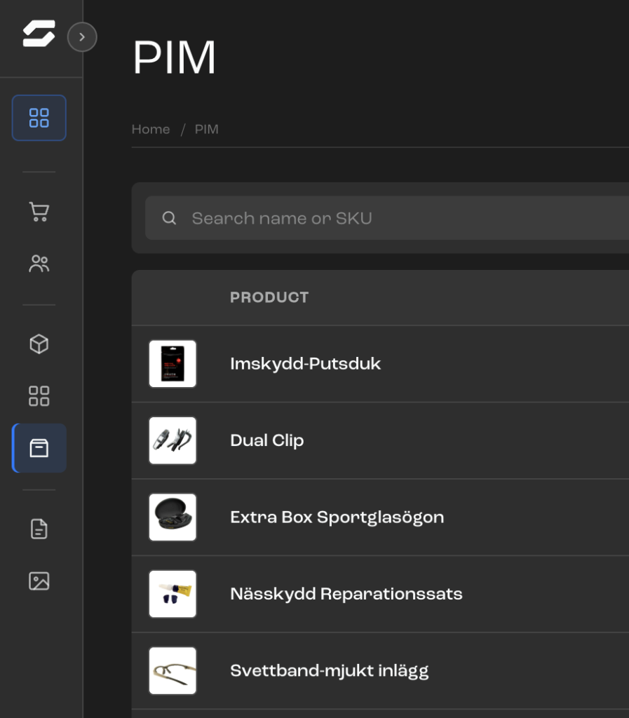 Produktlistan i HDL Commerce PIM med produkter, bilder och artikelnummer